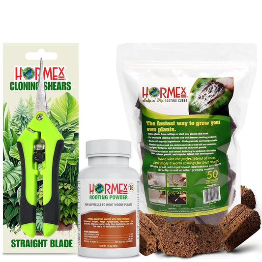 Hormex Rooting Powder #16, Grow Cubes & Shears Combo - Rooting Hormone for Difficult Hardwood Plants, Tree Cuttings | Root Starter Cubes for Cloning Plants | Precision Straight-Blade Shears (50 Plugs)