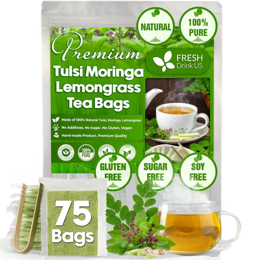 FreshDrinkUS, Premium 75 Tea Bags Tulsi Moringa Lemongrass, 100% Natural & Pure from Tulsi Holy Basil Leaves, Moringa & Lemongrass. Made with Natural Material Tea Bags. No Sugar, No Caffeine, Vegan.
