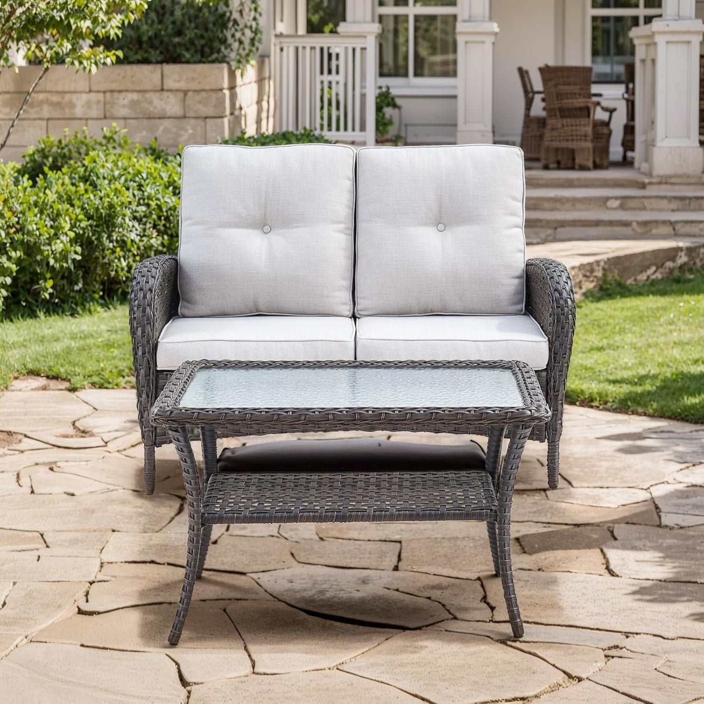 HUMMUH Outdoor Loveseat Sofa 2-Seat PE Wicker Outdoor Couch with Coffee Table, Deep Seat High Back Patio Furniture for Patio, Garden, Porch, Deck (Beige)