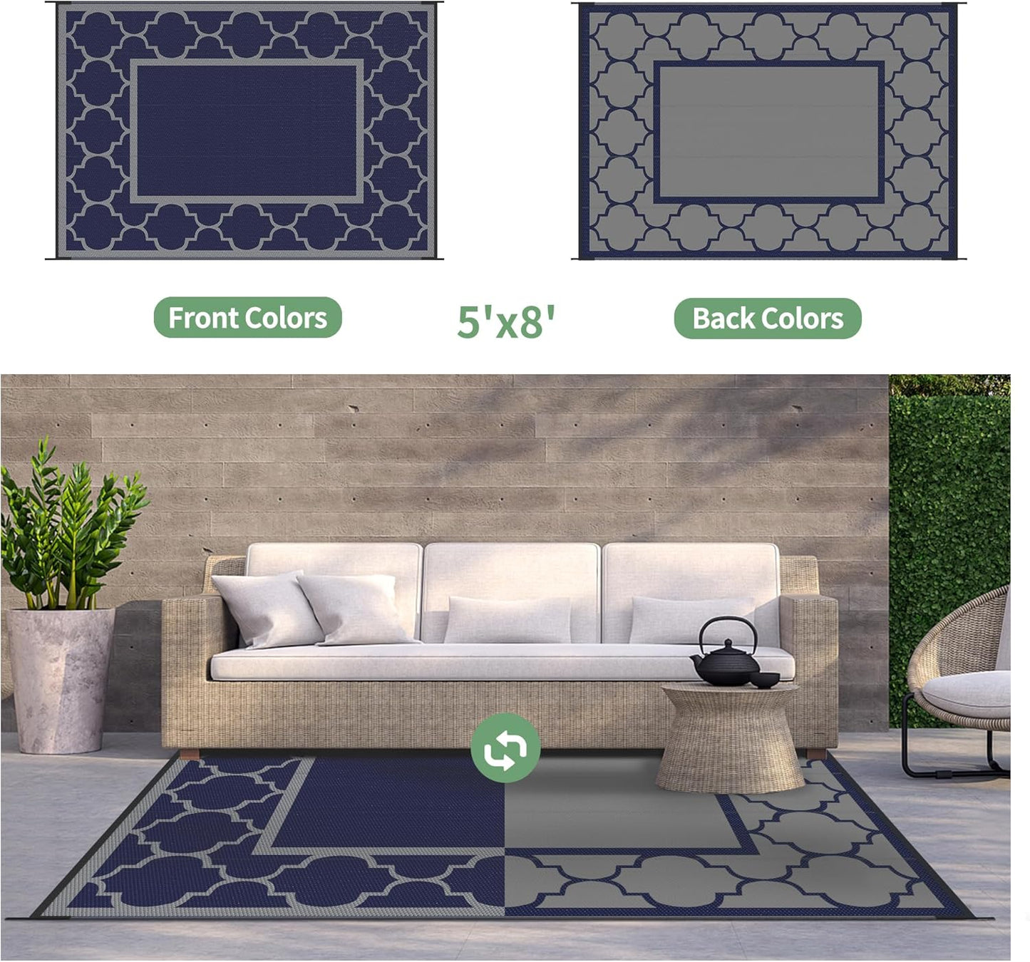 GENIMO Outdoor Rug 5' x 8' Patio Waterproof, Foldable Reversible Plastic Straw Area Rugs Mat for Camper Decor, Outside Carpet for Rv, Deck, Porch, Picnic, Beach, Balcony, Blue & Grey