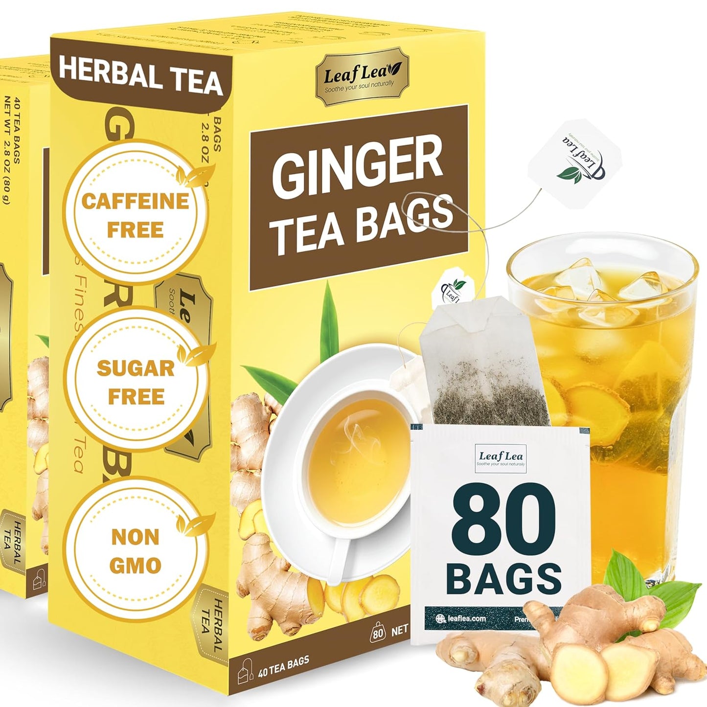 LeafLea 100% Pure Ginger Root Tea Bags – Spicy & Warming Herbal Tea, Supports Digestion & Immune Health, Individually Wrapped, Non-GMO, Caffeine Free, Sugar Free, No Gluten