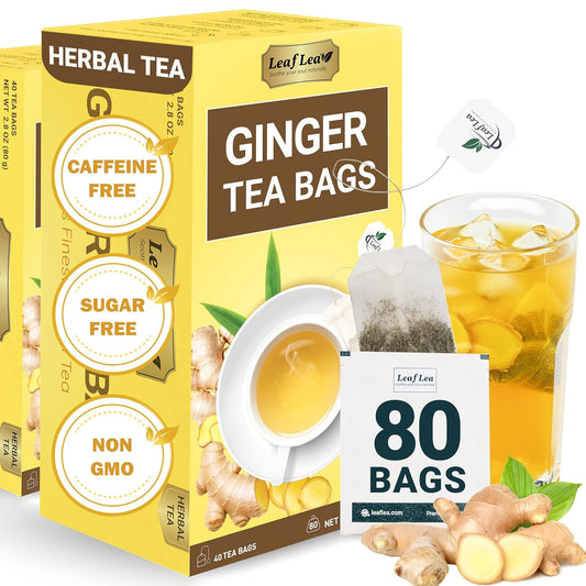 LeafLea 100% Pure Ginger Root Tea Bags – Spicy & Warming Herbal Tea, Supports Digestion & Immune Health, Individually Wrapped, Non-GMO, Caffeine Free, Sugar Free, No Gluten