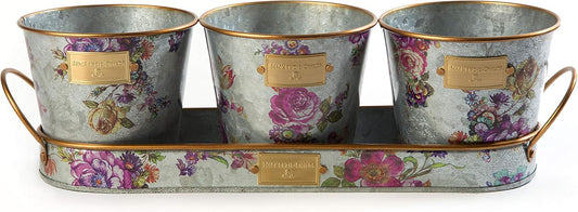 MACKENZIE-CHILDS Galvanized Herb Pots with Tray, Metal Herb Planters, Set of 3, Flower Market
