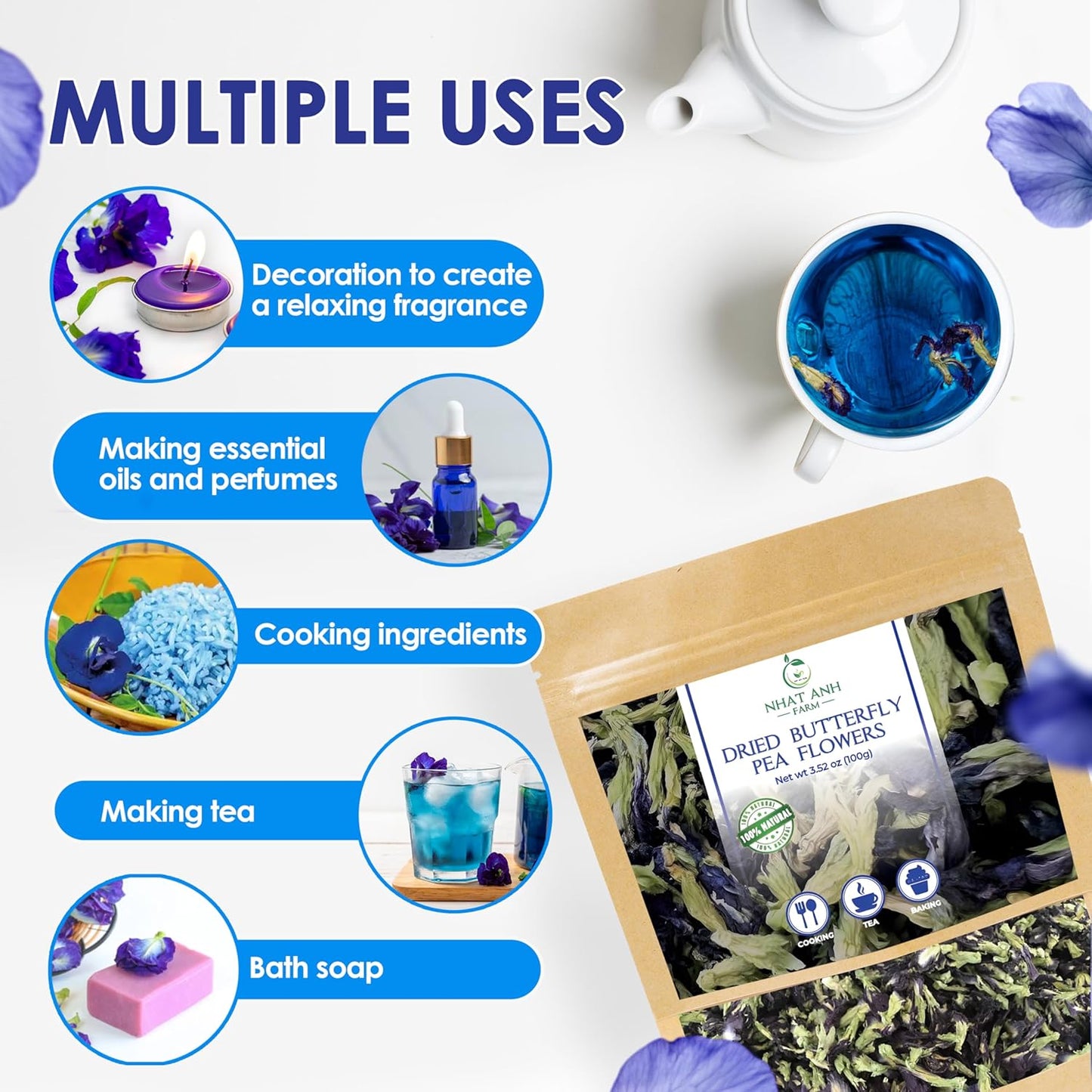 Nhat Anh Farm - Premium Dried Butterfly Pea Flower - 3,5oz(100g) Blue Butterfly Pea Flower - 100% Natural & Pure, Sugar/Caffeine/Gluten Free - For Making Tea