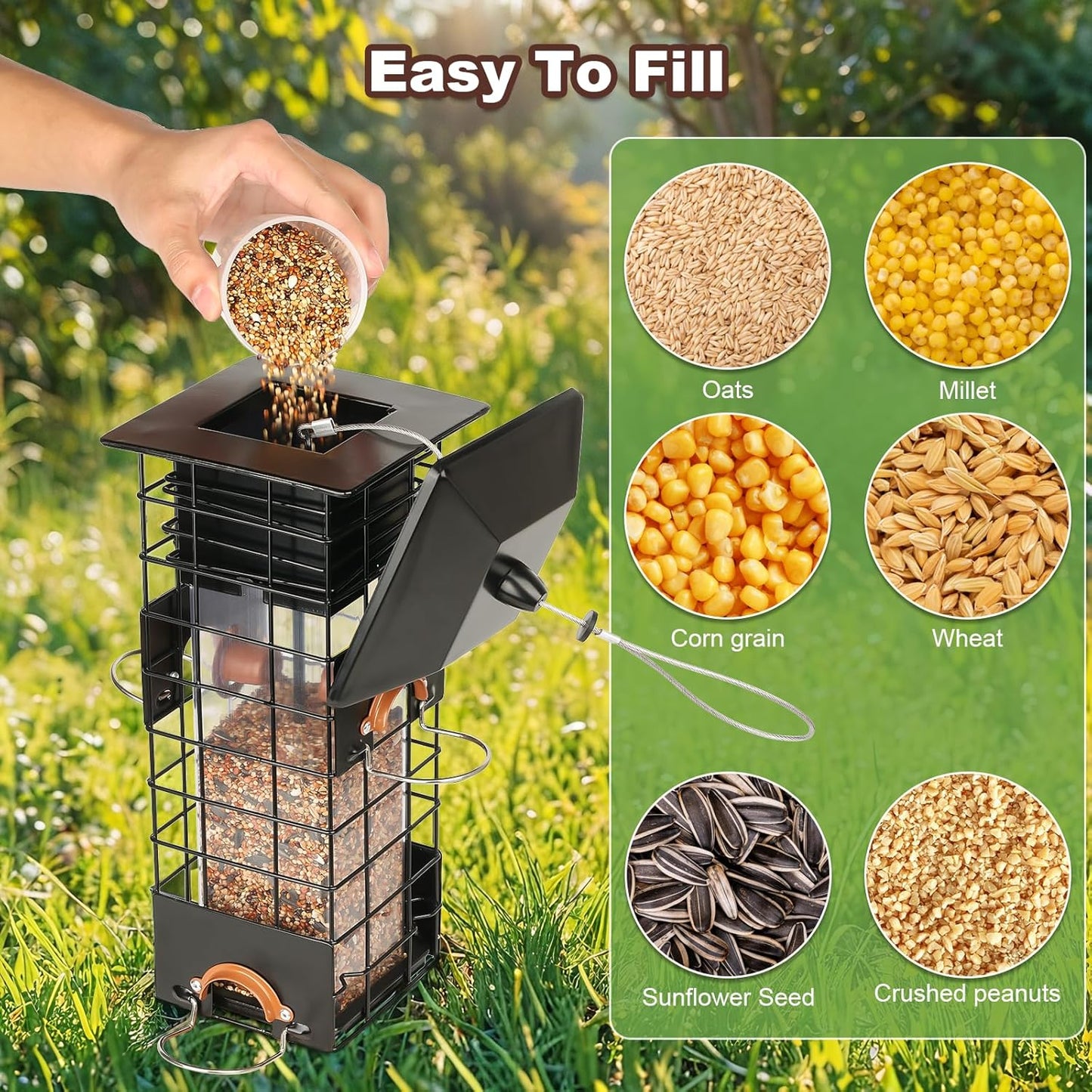 Squirrel Proof Bird Feeder - Metal Outdoor Design with 4 Feeding Ports, Wild Bird Feeders for Outside, 2.5lb Large Capacity, Ideal Gift for Bird Lovers