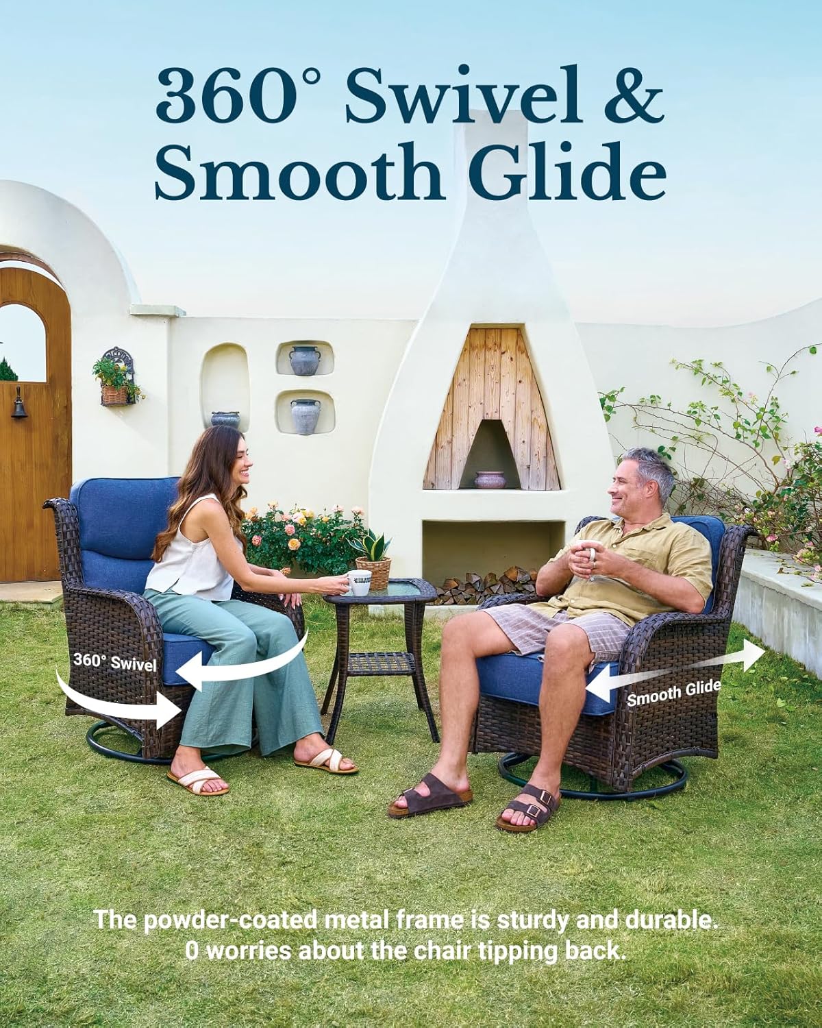 HILLGA Luxury Patio Furniture Set with 6-inch Thick Cushion, Outdoor High Back Swivel Rocker Patio Chairs, 2PCS Wicker Conversation Set for Deck Yard and Poolside, Blue (V2)