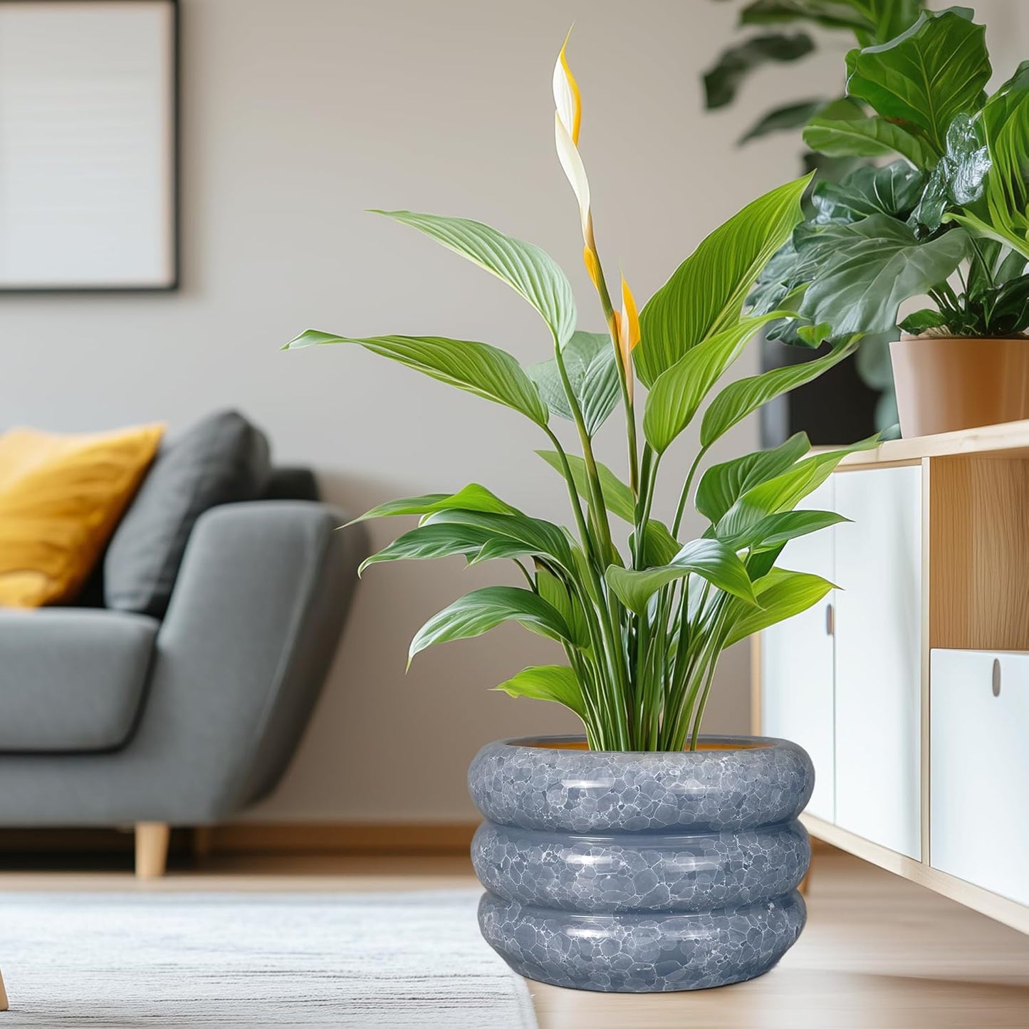 SQOWL Ceramic Planter 13.5 Inch - Large Plant Pot Indoor with Drainage Hole Outdoor Planter Round Flower Pot Modern Decorative Plant Pot for Home Office Decor Gray