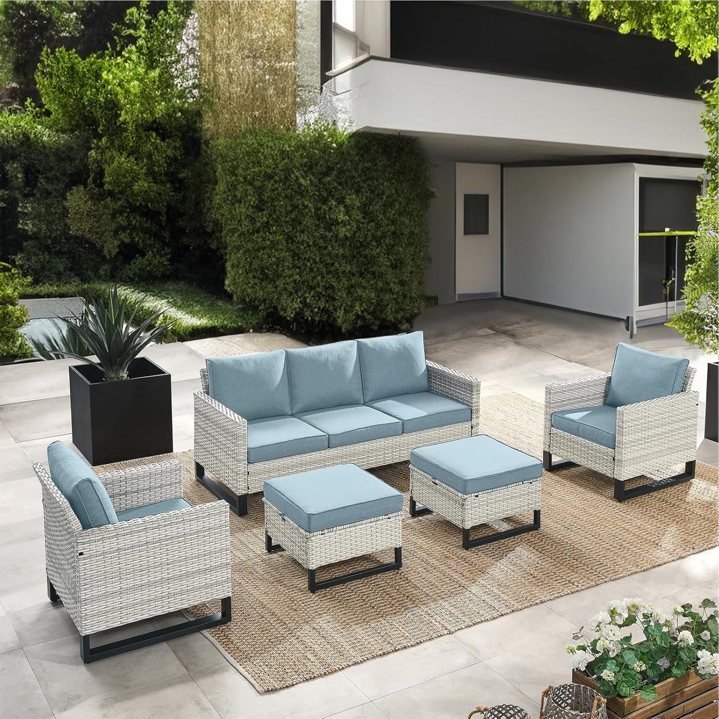 HUMMUH 5 Piece Patio Furniture All Weather Wicker Outdoor Sectional Sofa,High Back Patio Chairs,Coffee Table and Ottomans Set for Porch,Garden,Backyard