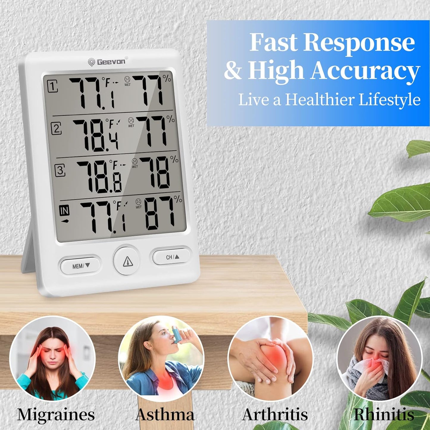 Geevon Indoor Outdoor Thermometer Wireless with 3 Remote Sensors, Digital Hygrometer Indoor Thermometer, Temperature Humidity Monitor Gauge with 200FT/60M Range (White)