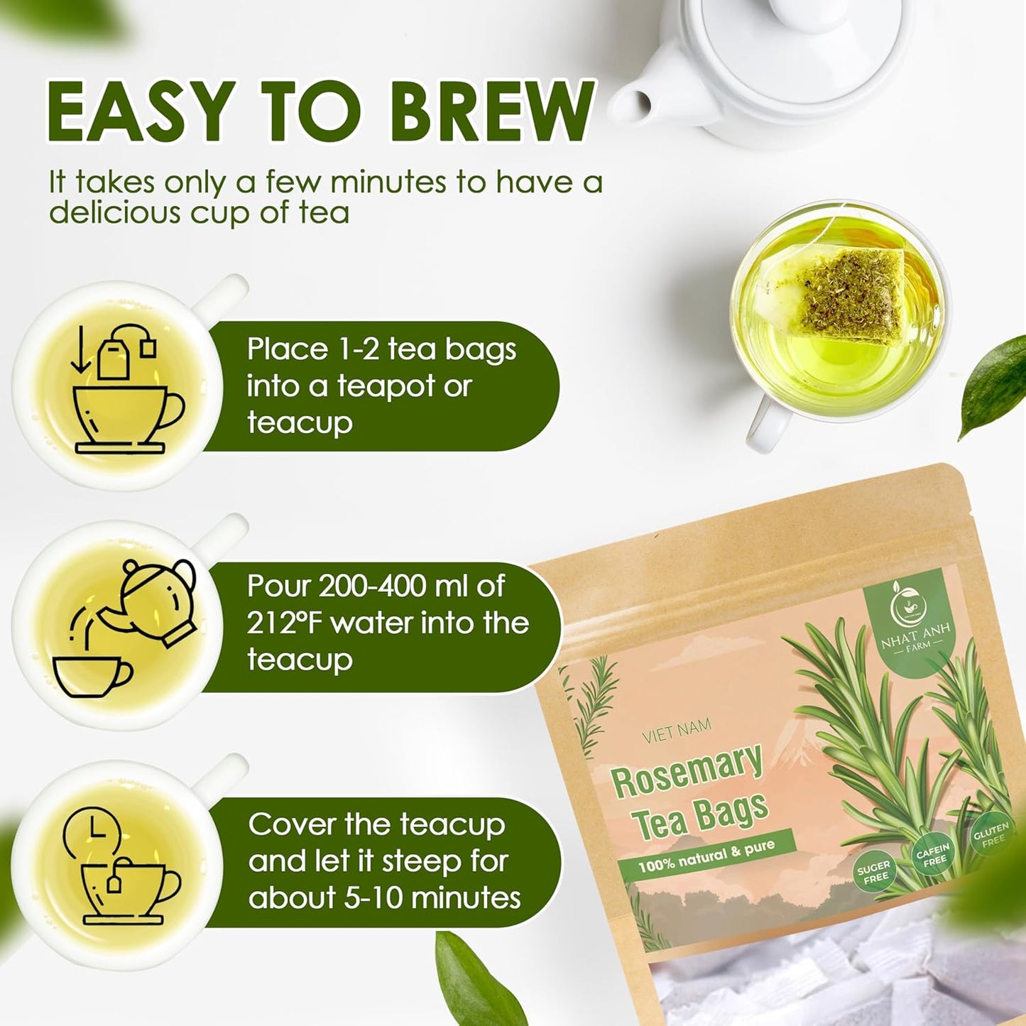 NHAT ANH FARM Premium Rosemary Tea Bags, 40 Count, 100% Natural Dried Rosemary Leaves, Naturally Sweet Herbal Tea, Sugar-Free, Caffeine-Free, No Additives