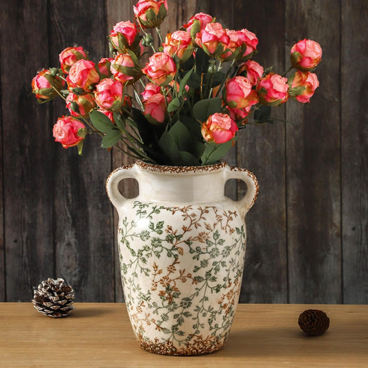 Enra Farmhouse Vintage vase with Handle,9.4 in Ceramic Chinoiserie Floral Vase,Green and Beige Decorative Flower vase,Large Rustic Vases for Home Decors, Living Room, Bookshelf, Office