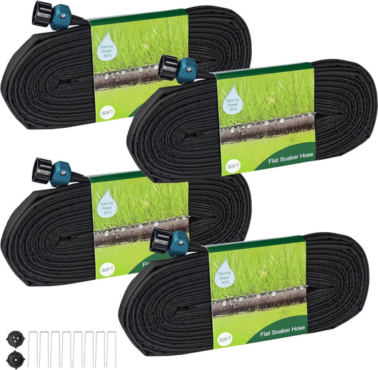 Hourleey Flat Soaker Hose 200 FT for Garden, 200' (50FT x 4) Linkable Consistent Drip Irrigation Hose, Leak-free Dual-layer Design Saving 80% Water Garden System Water Hose with Holes