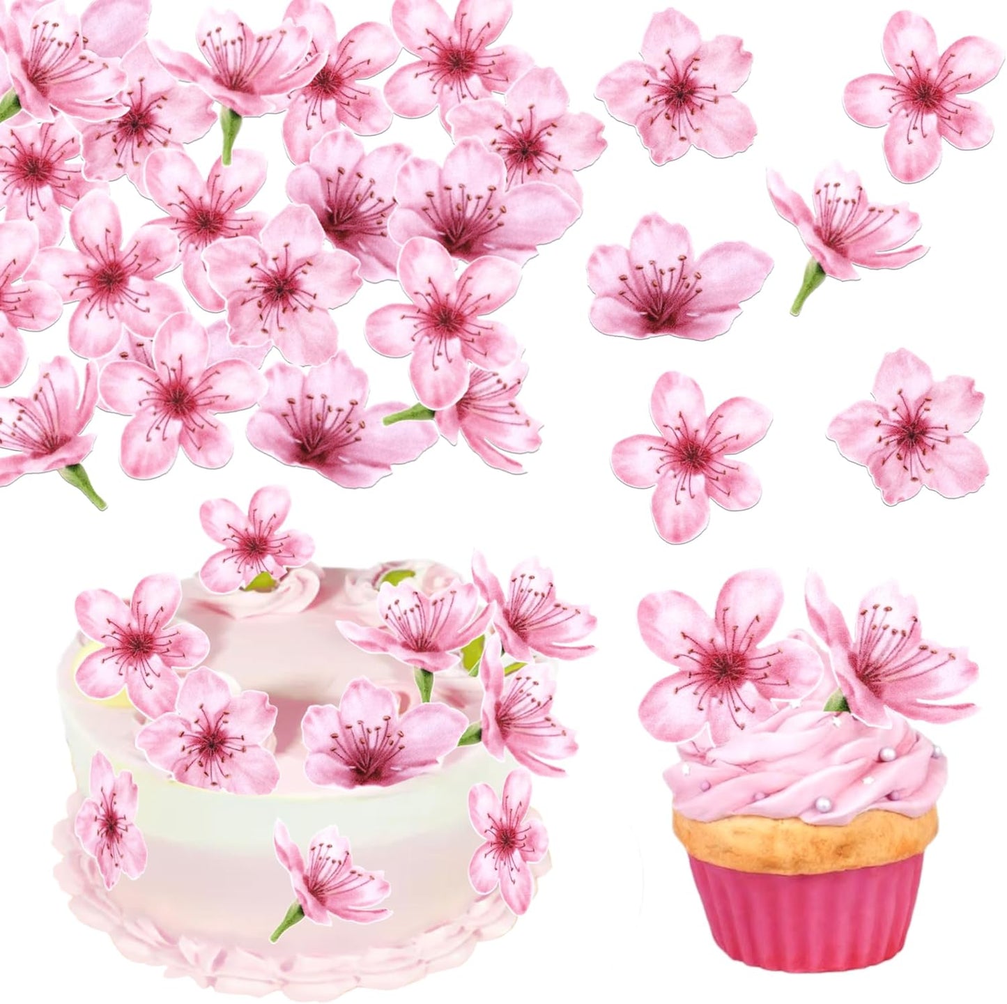 40 PCS Edible Cherry Blossoms Cupcake Toppers Edible Cherry Blossoms Flowers Cake Decorations Wafer Paper Flowers Cupcake Topper for Baby Shower Wedding Birthday Party Decorations Supplies Colorful