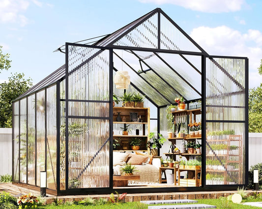 Jocisland 8x10x7 FT Polycarbonate Greenhouses for Outdoors, 2 Top-Opening Windows, 2 Swing Doors, Aluminum Walk-in Heavy Duty for Outdoor Use, Backyard Garden, Black