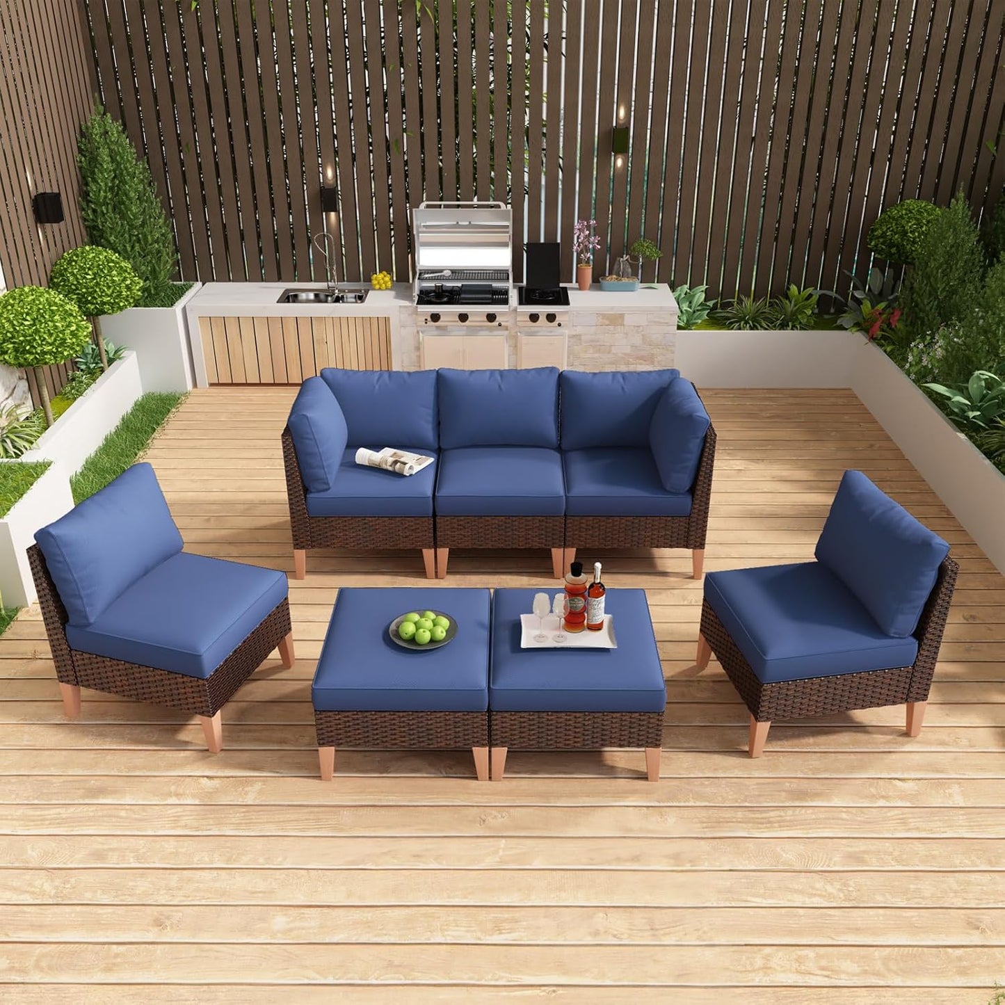 HUMMUH 7 Pieces Patio Furniture Set,Outdoor Modular Sectional Couch Chairs with Ottomans,All Weather PE Wicker Patio Conversation Sets for Garden Porch Backyard