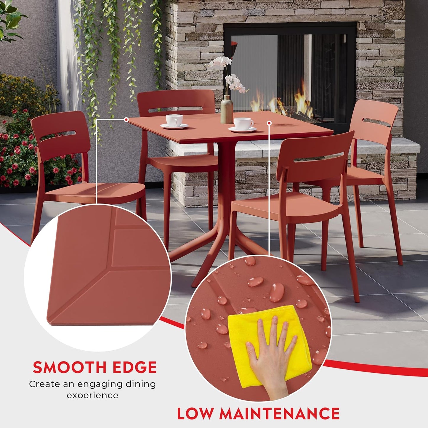 5-Piece Outdoor Dining Set, HDPE Patio Square Bistro Table and Stackable Chairs Sets for 4, Outdoor Furniture All Weather for Backyard Poolside, Red