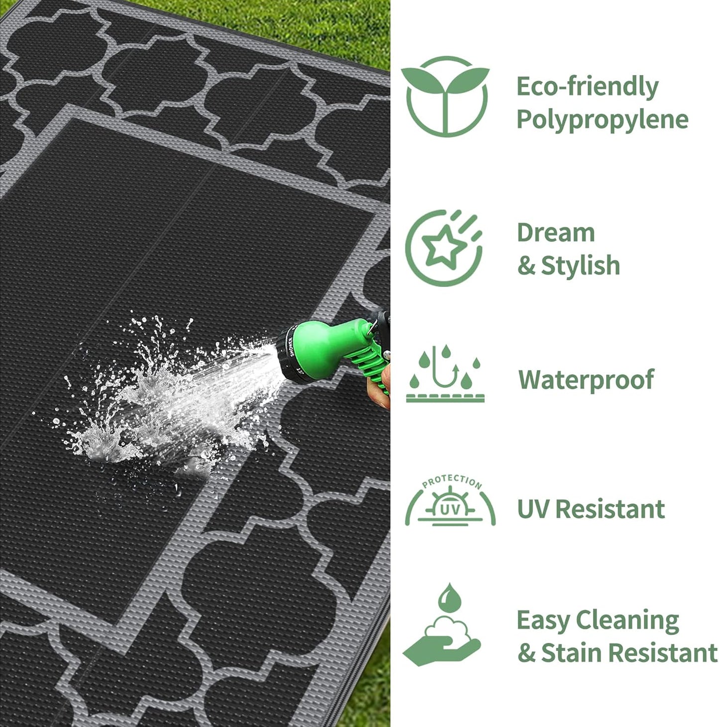 GENIMO 8' x 10' Outdoor Rug Patio Waterproof, Reversible Plastic Straw Area Rugs Mat for Camper Decor, Outside Carpet for Camping, Rv, Deck, Porch, Picnic, Beach, Balcony, Black & Grey