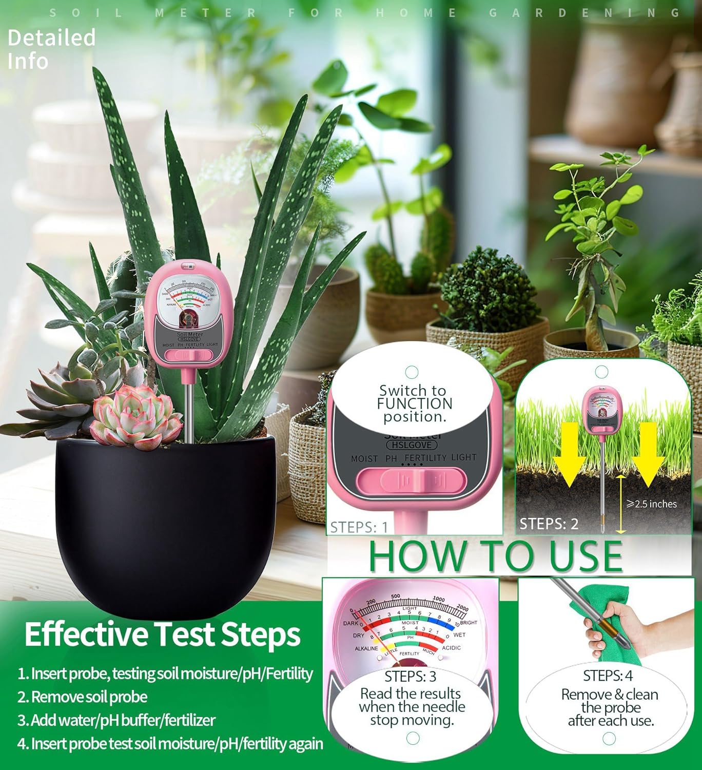 HSLGOVE Soil Test Kit,4-in-1 Soil Moisture Meter,Soil PH Meter/Fertility/Sun-Light, Large Dial Soil Tester-MilkPink