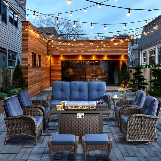 HUMMUH 9 Piece Patio Furniture Set with Fire Pit Table,Wicker Patio Swivel Rocker Outdoor Chairs 3-Seat Sofa with Ottomans for Backyard,Poolside,Deck