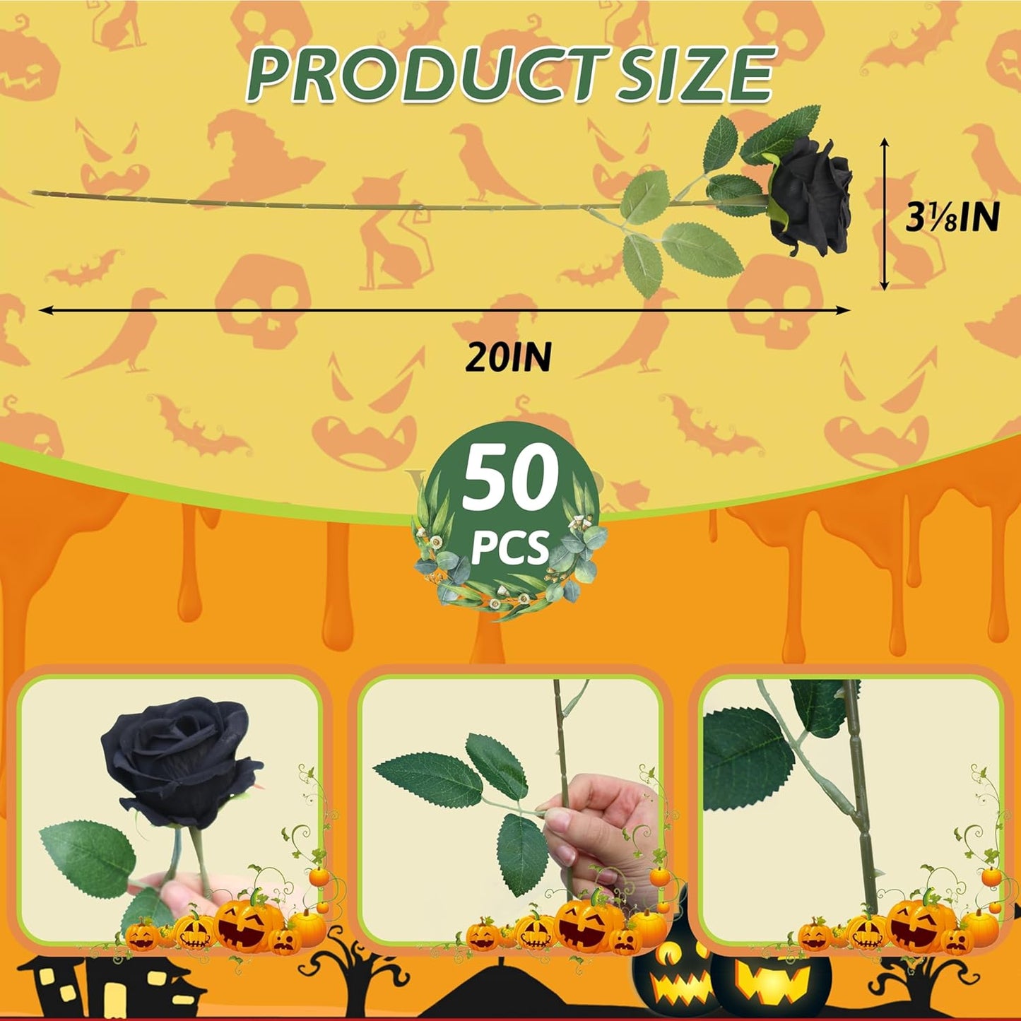 50 PCS Fake Black Roses, Artificial Flowers Bulk Halloween Decorations Realistic Silk Faux Black Roses with Stems for Gothic Wedding Party Decor, Bridal Bouquets DIY Floral Arrangement Home Decor