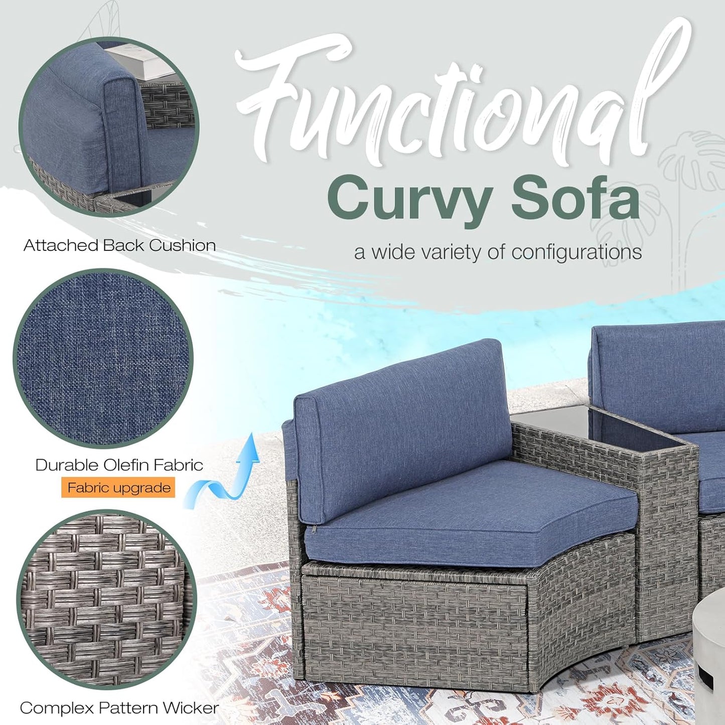 SUNSITT Outdoor Patio 8-Piece Half Moon Curved Furniture Sofa Set Grey Wicker Sectional Sofa Denim Blue Cushions with 2 Side Table