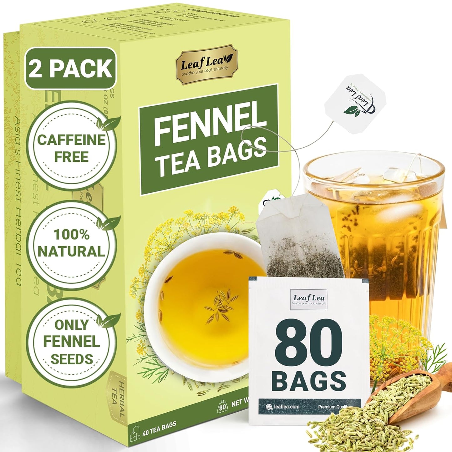 LeafLea 80 Premium Fennel Tea Bags, Pure Dried Fennel Seed Tea, Daily Ease & Balance, Naturally Sweet Taste, Caffeine-Free, Sugar-Free, Non-GMO, Vegan, Individually Wrapped