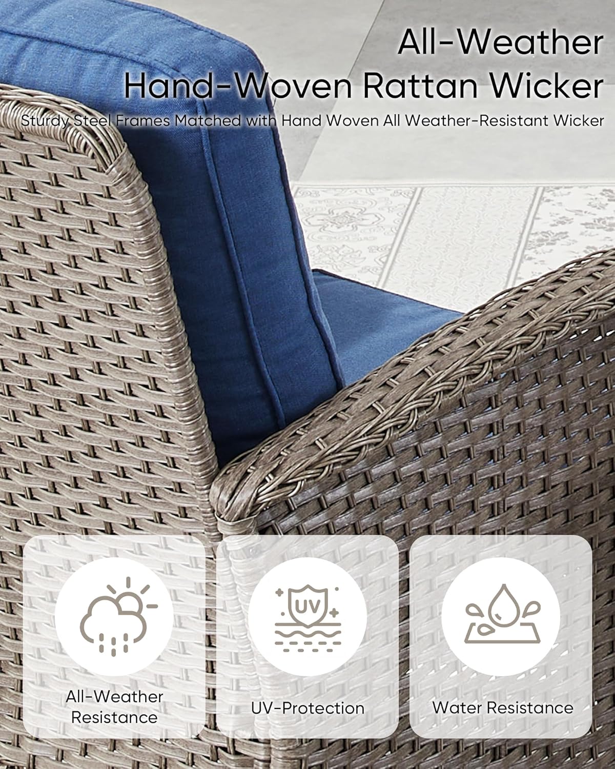 HUMMUH 6 Pieces Outdoor Patio Furniture-PE Rattan Wicker Sofa with Patio Swivel Rocking Chairs Patio Furniture for Deck Lawn Porch Balcony Poolside-Grey/Blue