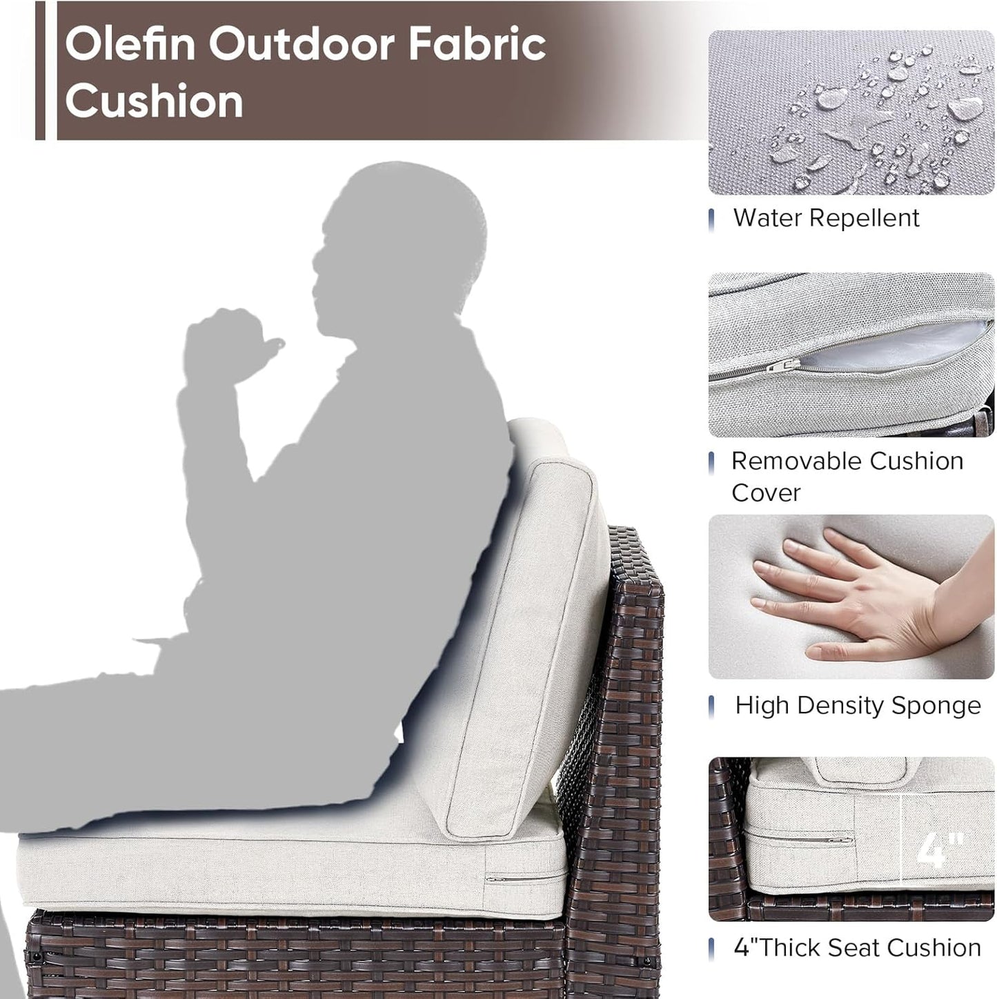 HUMMUH Outdoor Modular Sectional Couch All Weather PE Wicker Patio Sofa Half-Moon Loveseat for Garden Porch Backyard