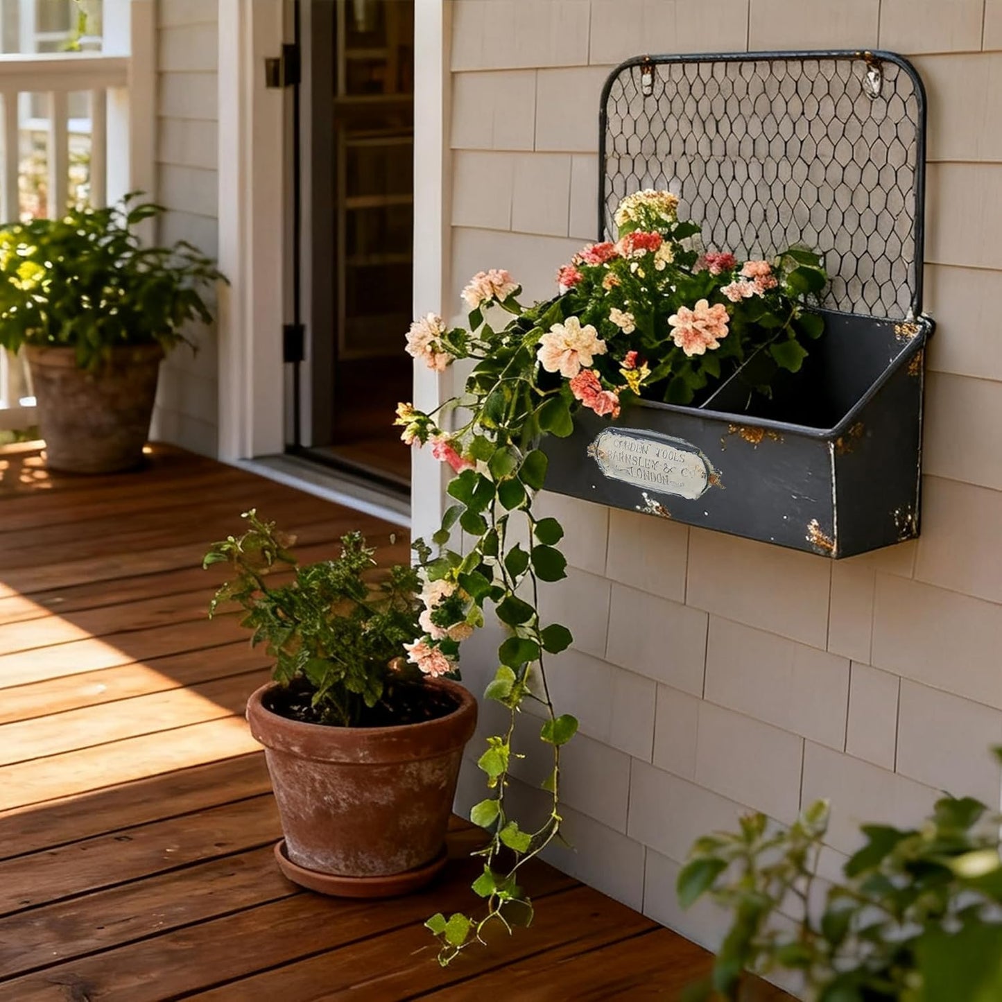 Rustic Metal Wall Mounted Planter Vintage Hanging Flower Pot with 3 Compartments Farmhouse Plants Holder Succulents Tubs for Garden Railing Fence Patio Yard Outdoor Decor