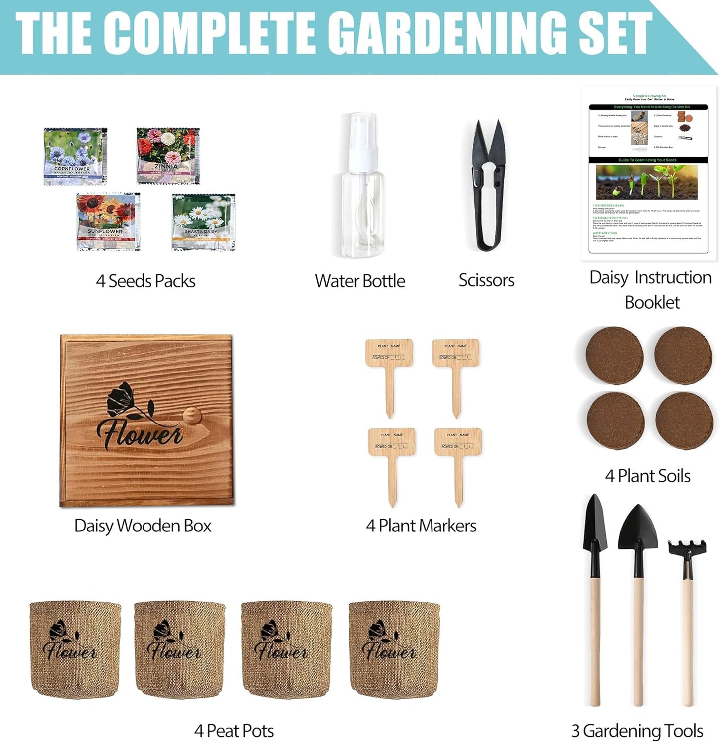 Indoor Starter 4 Kit with Complete Gardening Kit & Wooden Box, Growing into Shasta Daisy, Cornflower, Sunflower, Zinnia