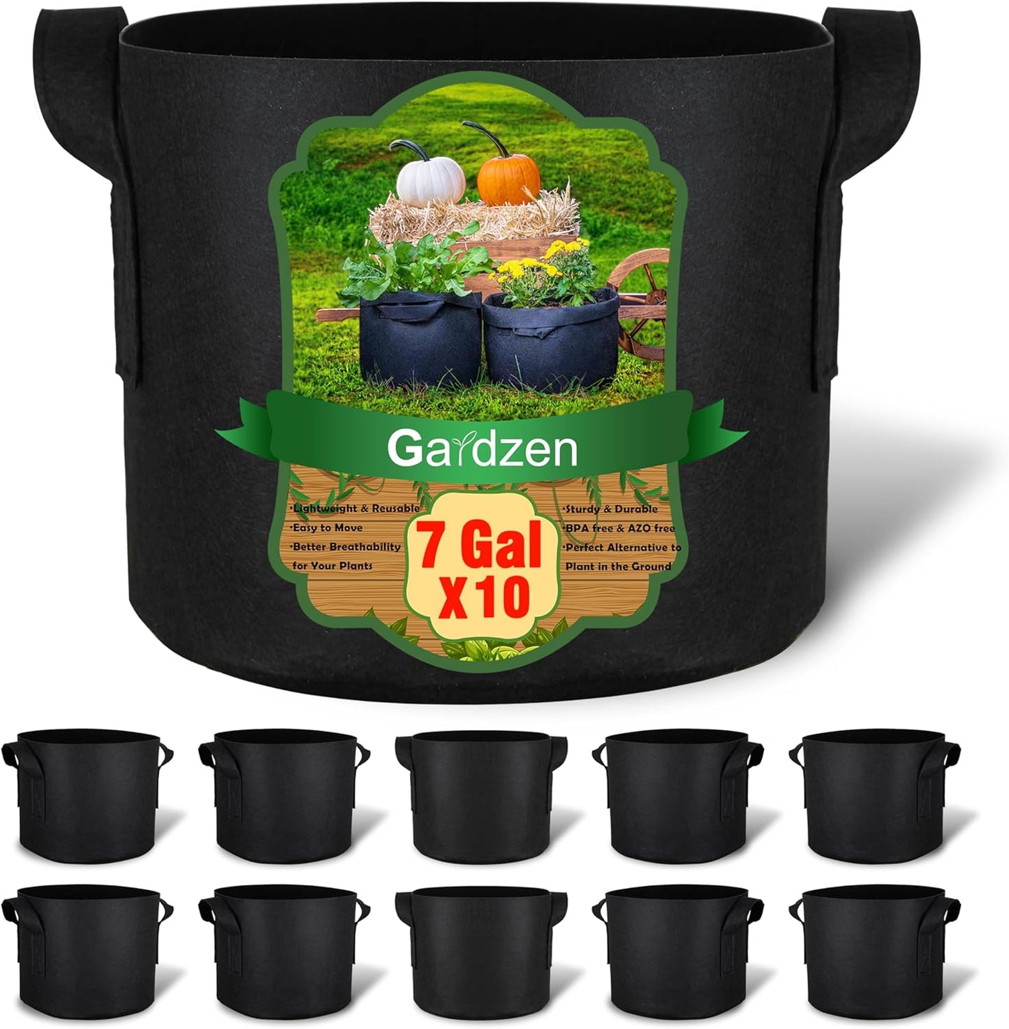 Gardzen 10-Pack 7 Gallon Grow Bags, 300G Thickened Aeration Fabric Pots with Handles, Heavy Duty Cloth Pots for Plants
