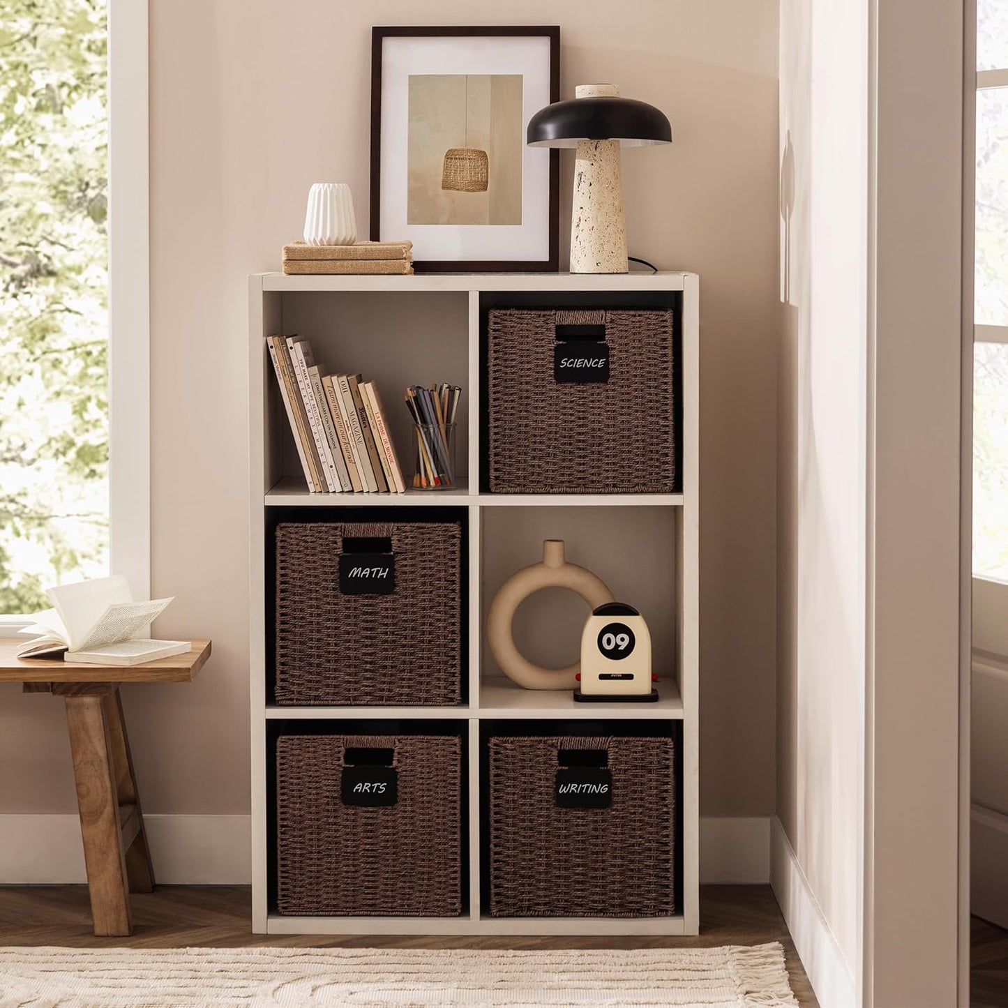 UBBCARE 4 Pack Wicker Basket, 12×12 Storage Cubes with Label, Foldable Cube Storage Bin with Handle, Square Storage Basket for Shelves, Woven Paper Rope Basket for Organizing, Brown