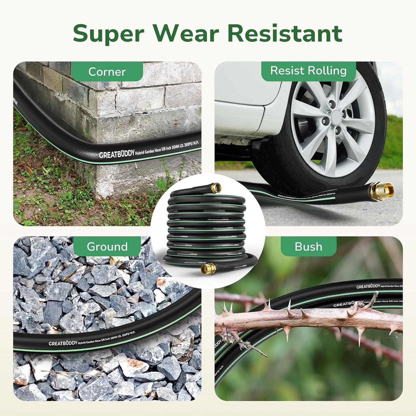 GreatBuddy 100 ft Garden Hose 5/8", Less Kink Heavy Duty Water Hose, Durable & Flexible Hose for Outdoor, Lawn, Car Washing, Pet Bathing and Household