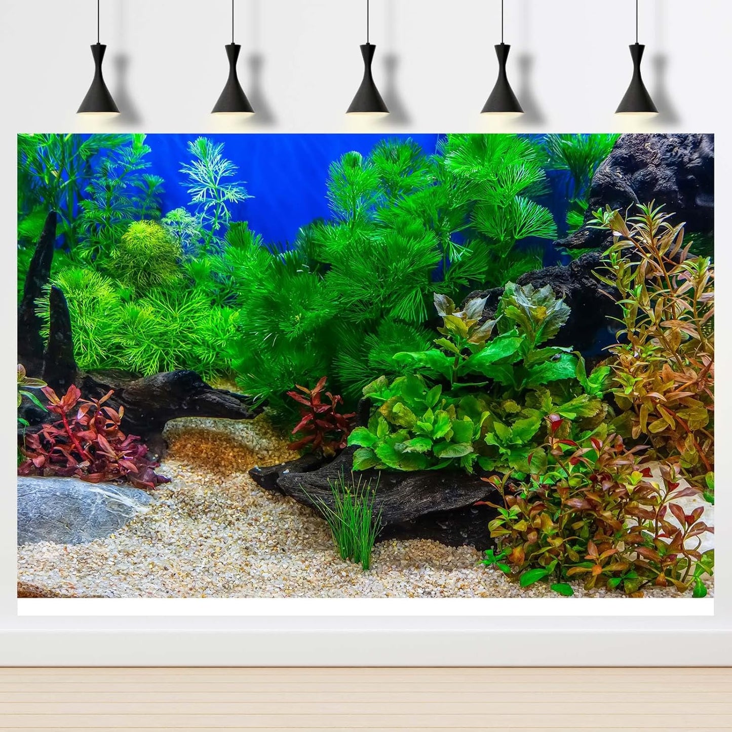 Aquarium Background Underwater Grass Leaves with Pebble Aquarium Backdrop Vivid and Fresh Green Aquatic Plant Stone River Bed and Lake Fish Deadwood Tank Background Decor Vinyl 72x18in