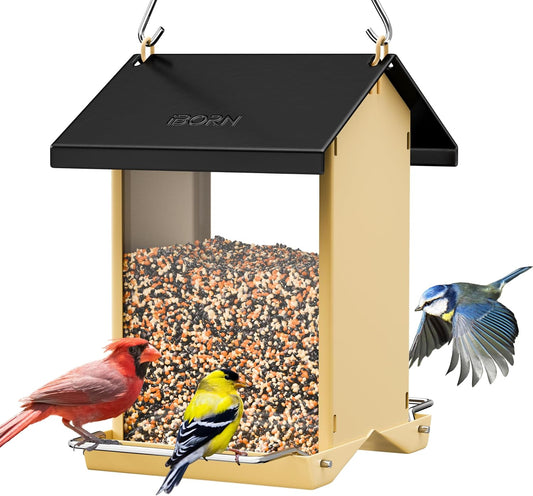 iBorn Bird Feeders for Outdoors,Bird House Feeder with Weatherproof Metal Roof & 8 Drain Holes,Fully Detachable Birdfeeder Design,Easy Clean & Refill,Chew-Proof PC Windows,1.5 Lbs Capacity,Black Roof