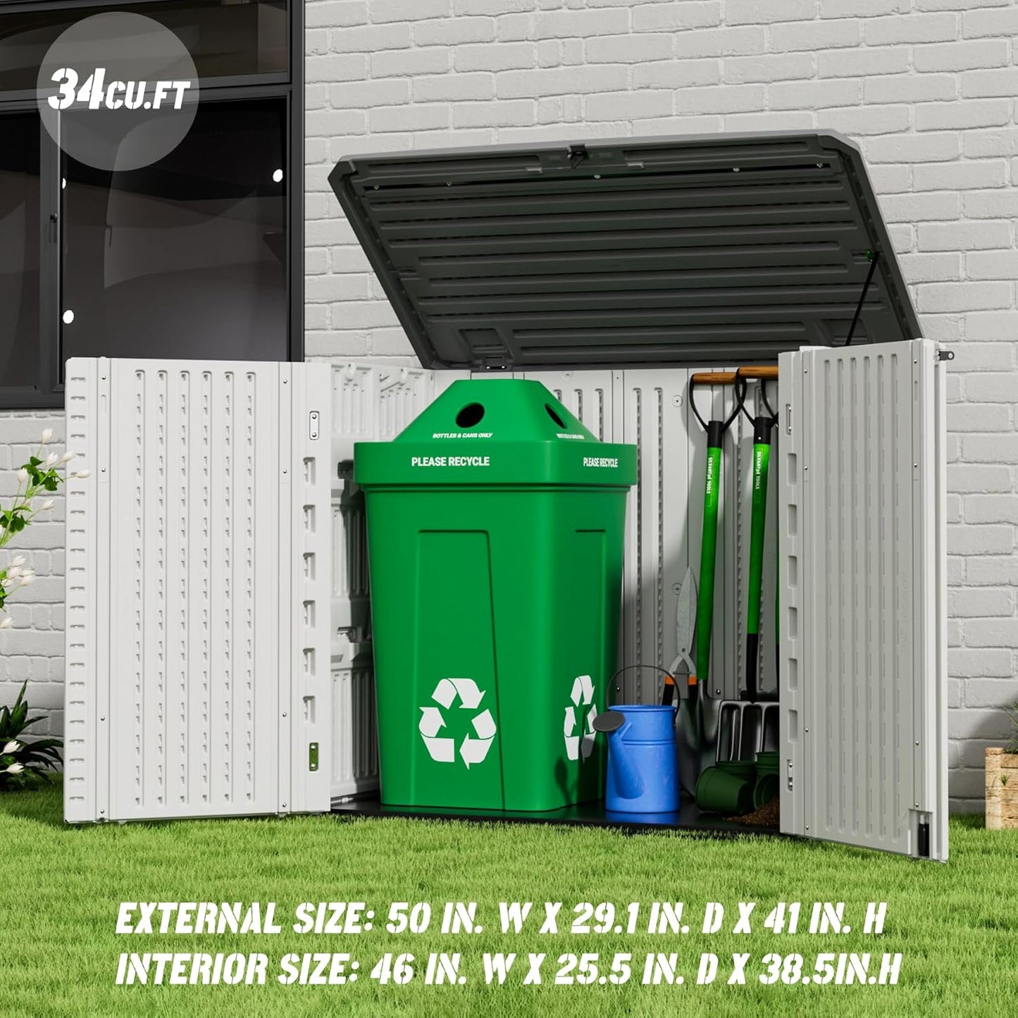 Outdoor Patio Storage Shed,Waterproof Horizontal Outdoor Storage Cabinet for Garbage Cans,Tools and Lawnmower Lockable(34 Cu.ft-Warm-White)