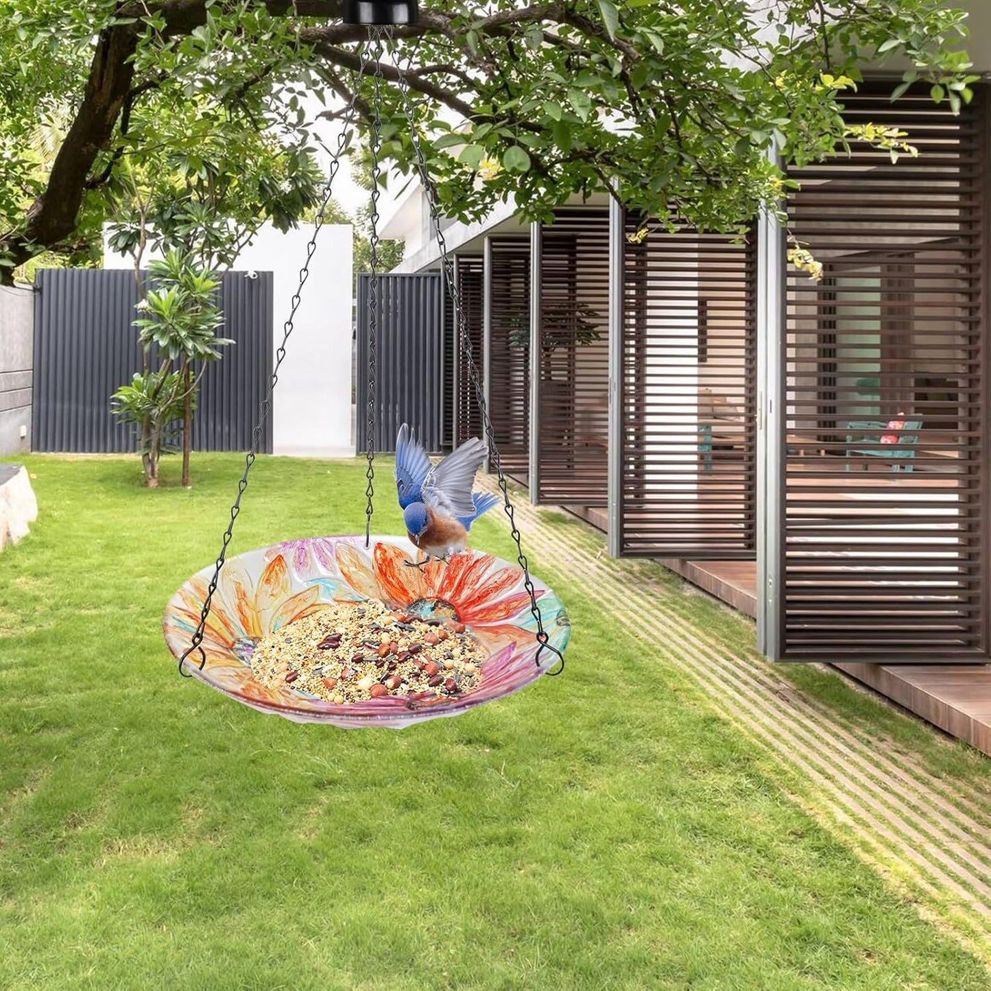 VCUTEKA Hanging Bird Bath, Glass Bird Baths for Outdoors Birdfeeder with 21 inch Rust-Proof Chain for Garden Yard Decor, Flower