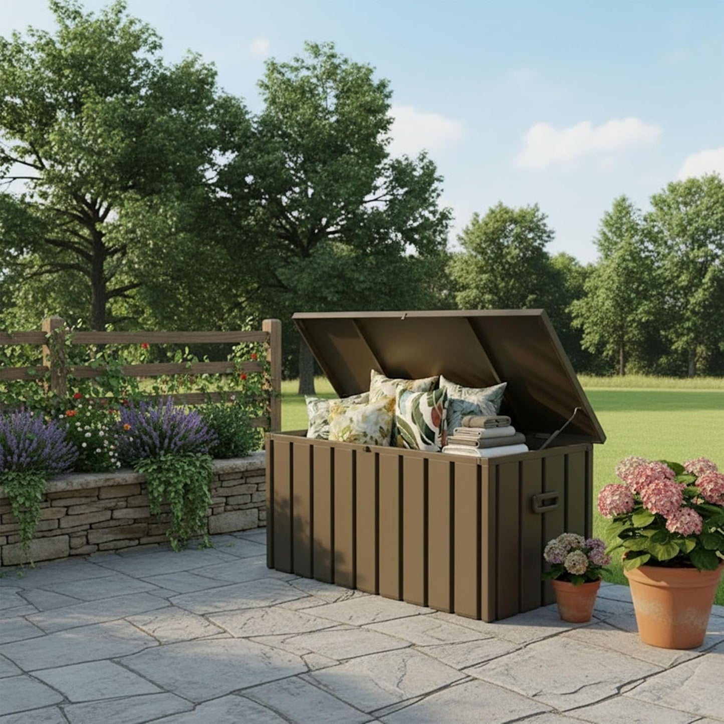 PURPLE LEAF Outdoor Deck Box 100 Gallon Waterproof Lockable Storage Box Container with Lid Deck Organization for Patio Cushions Side Table Pool Accessories Garden Tools, Brown