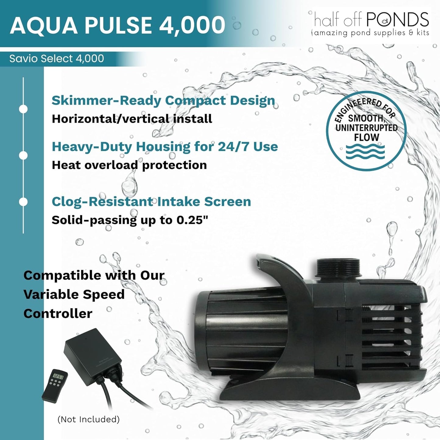 HALF OFF PONDS Savio Select 4,000 GPH Submersible Pump Pond Kit with 15' x 15' EPDM Rubber Pond Liner, UV Clarifier for Water Garden & Koi Pond