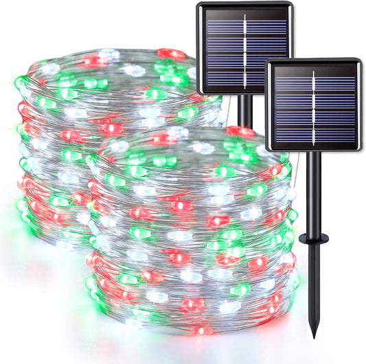 JMEXSUSS 2 Pack Red White and Green Solar Christmas Lights, Each 33FT 100 LED Solar String Lights Outdoor, Waterproof Solar Fairy Lights for Outside Christmas Decorations