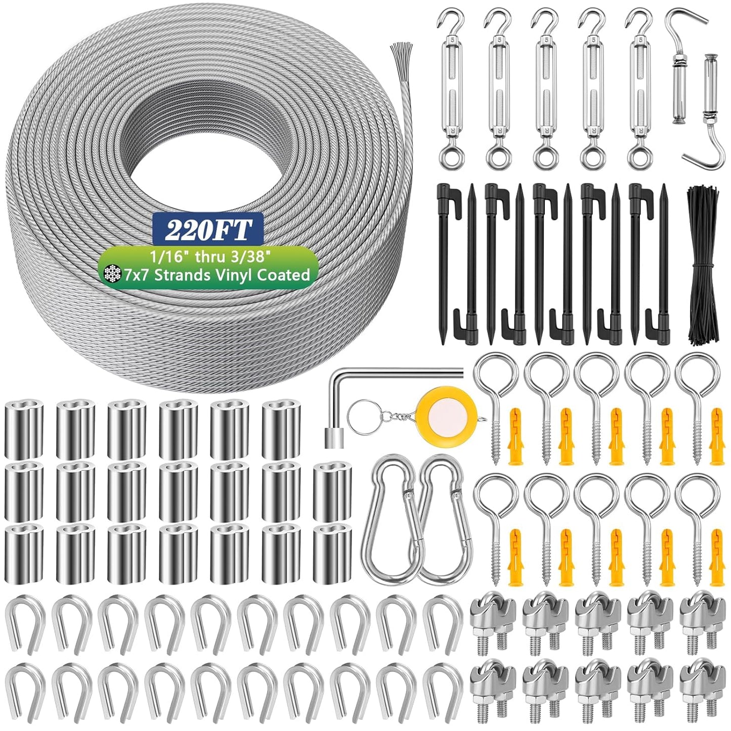 220 FT 1/16" Wire Rope Kit 304 Stainless Steel Cable with M5 Turnbuckles for Cables Wire, Vinyl Coated String Lights Hanging Wires for Outdoor Camping, Trellis, Garden, Clothes line, Curtain, Picture