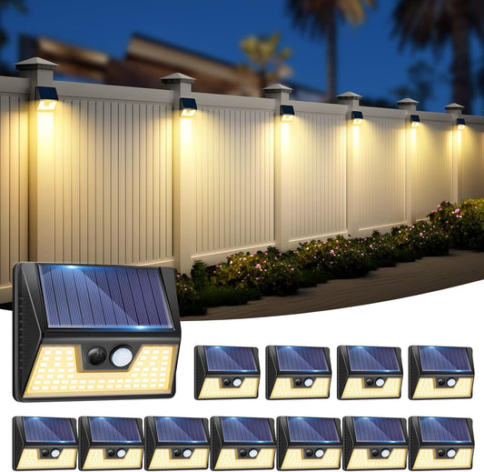 12 Pack Solar Fence Lights, Motion Sensor Deck & Wall Lights - Warm White LED, Wireless, Waterproof, Outdoor for Yard, Steps & Garden - Black