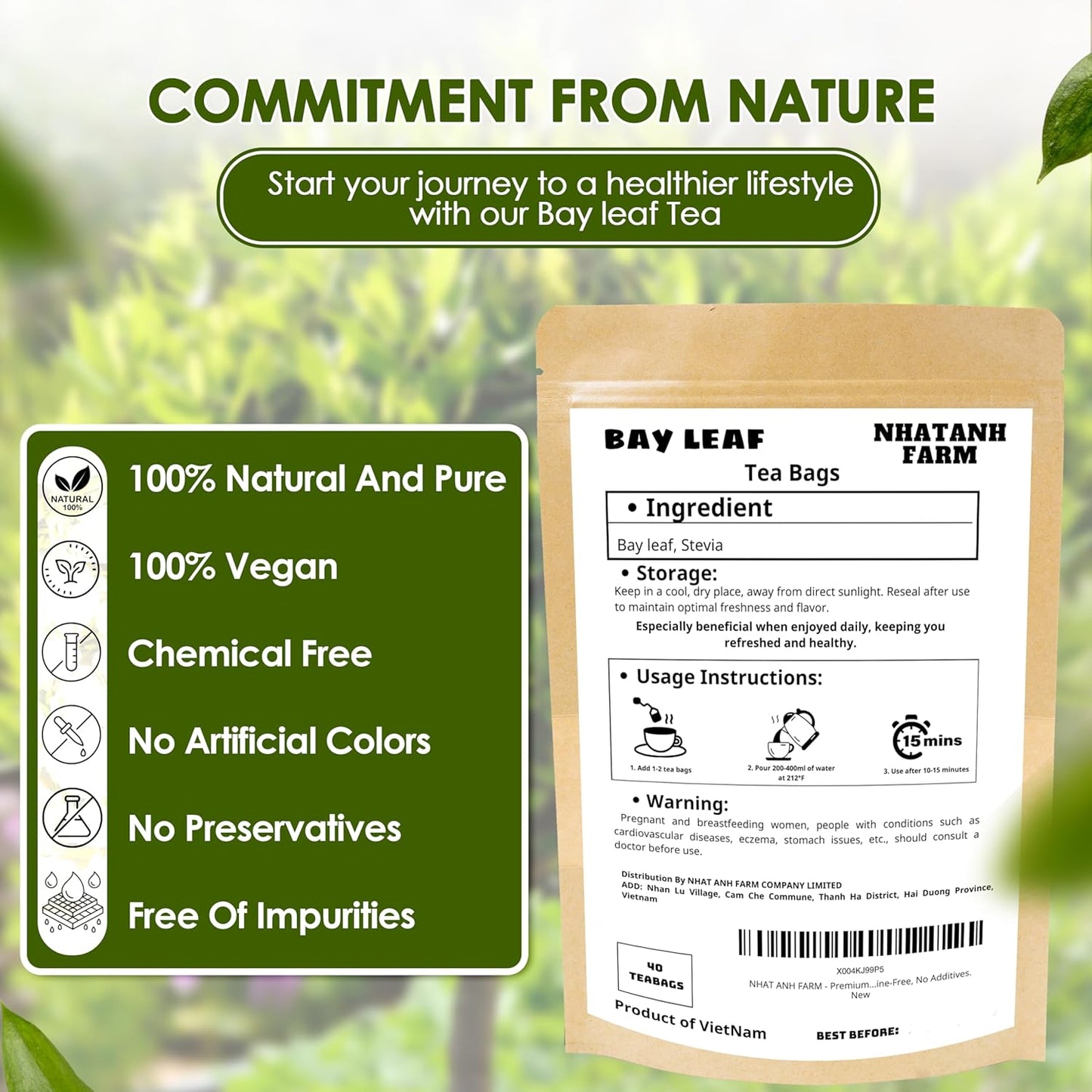 NHAT ANH FARM - Premium Bay Leaf Tea Bags, 40 Tea Bags, 100% Natural Dried Bay Leaf, Naturally Sweet Herbal Tea, Sugar-Free, Caffeine-Free, No Additives.