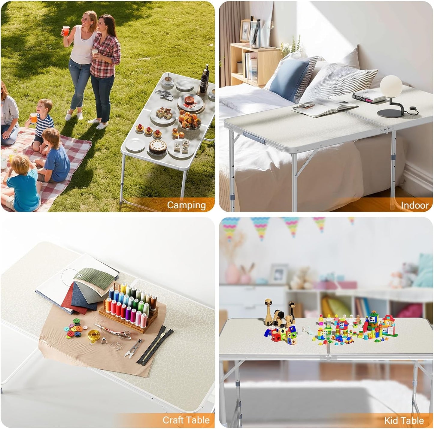 VINGLI 4FT White Folding Table with Carrying Handle Height Adjustable Lightweight Fold Up Portable for Indoor Outdoor Picnic,Camping,Hiking,Fishing,BBQ …