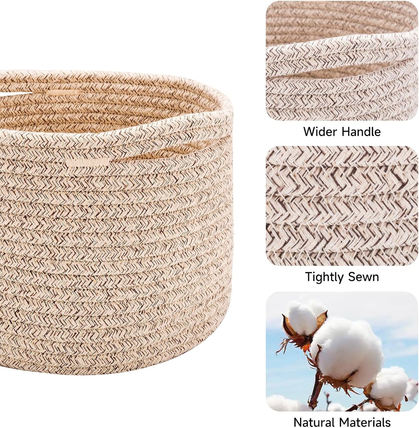 Small Basket for Organizing | Cube Shelf Closet Storage Baskets | 9.7×9.7×7.1” | Woven Rope Gift Basket | Nursery | Round 3 Packs Mixed Brown