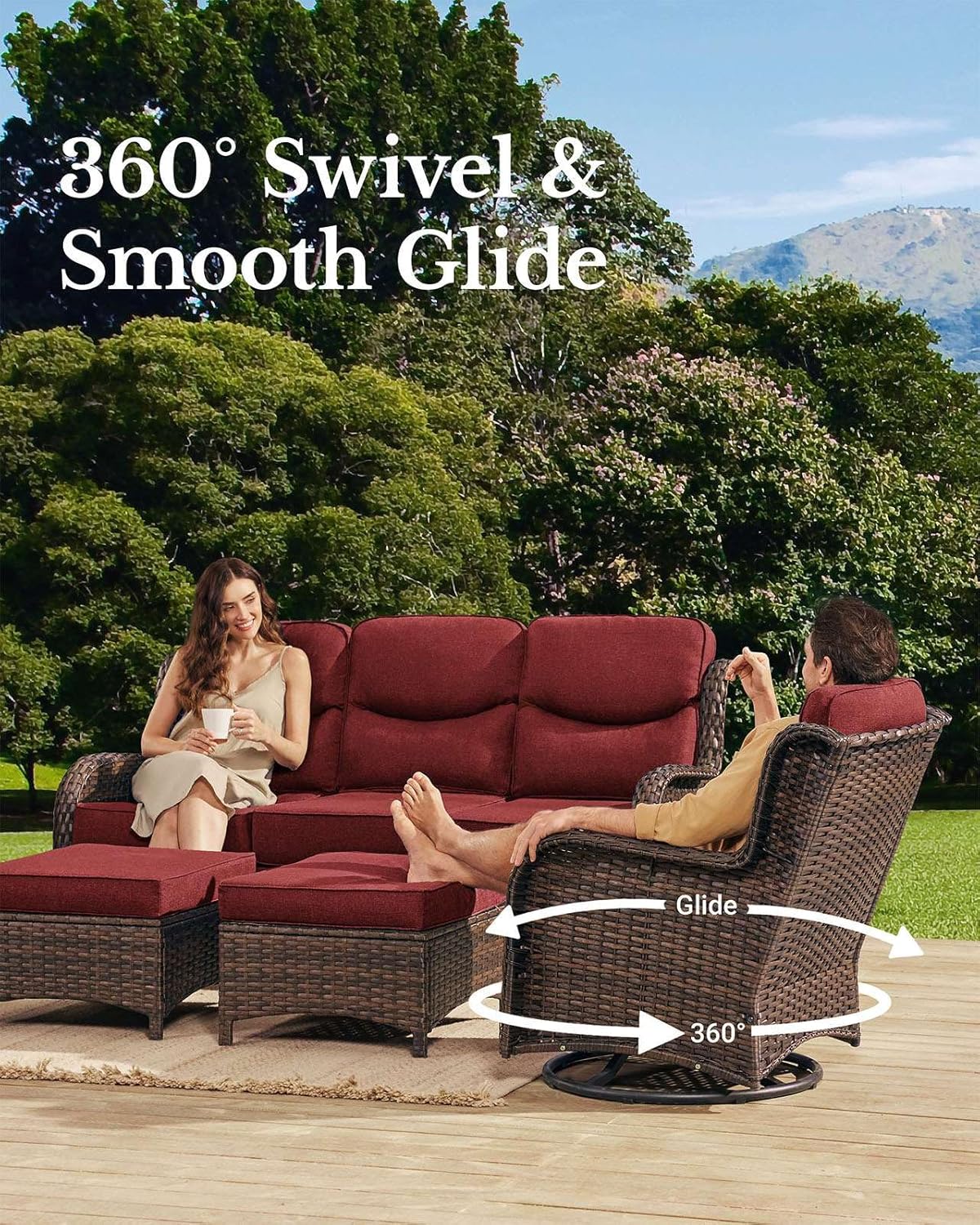 HILLGA Luxury Patio Furniture Set with 6-inch Thick Cushion, Outdoor Couch and High Back Swivel Rocker Patio Chairs, 11PCS Wicker Conversation Set for Deck Yard and Poolside, Burgundy (V2)