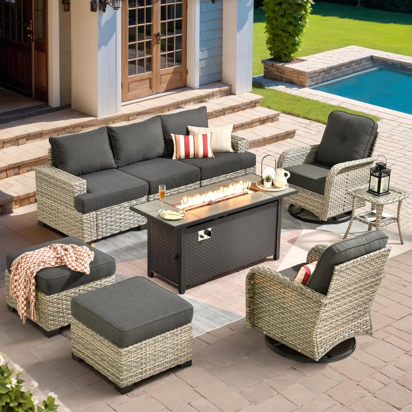 HOOOWOOO Outdoor Sectional Patio Furniture Set with Fire Pit Table,9 Pieces Wicker Conversation Sets,Extra Deep Out Door Sofa Outside Furniture Couch Swivel Chairs Ottoman,Black