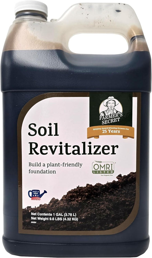 Farmer’s Secret Soil Revitalizer (128oz) - Organic (OMRI Listed) Dirt Health Booster - Liquid Compost Soil Amendment - Activated Humic Acid - Great for Fall Application