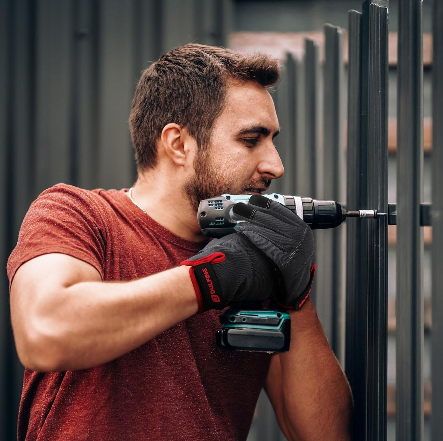 DULFINE Flex Grip Mechanic Work Gloves for Men,Black and Red Utility Safety Working Gloves Touch Screen,Excellent Grip,Ideal for Working on Cars and Outdoor Jobs(Medium)