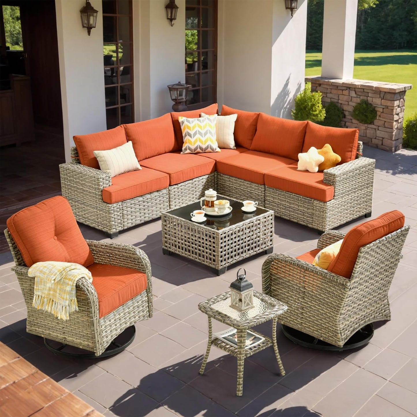 HOOOWOOO Outdoor Sectional Patio Furniture Set,9 Pieces Wicker Conversation Sets L Shaped Couch,Extra Deep Out Door Sofa Outside Furniture with Rocking Chairs,Brick Red